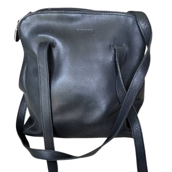 Roots Black Leather Dual Strap Shoulder Bag Purse Made in Canada 🇨🇦